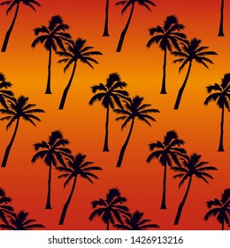 tropical seamless pattern - purple and purple palms trees on an orange background