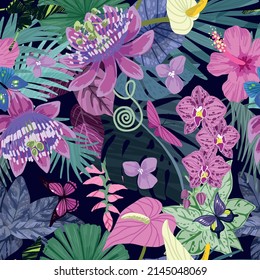 Tropical seamless pattern, purple tints,  hand drawn vector illustration