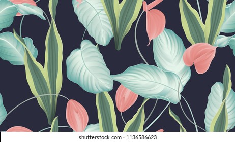 Tropical seamless pattern,  red Anthurium flowers, dumbcane, snake plant on dark blue background, pastel vintage style