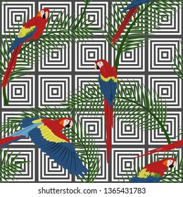 Tropical seamless pattern. Red ara parrots and palm branches, fashion textile print. Vector illustration.