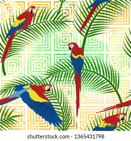 Tropical seamless pattern. Red ara parrots and palm branches, bright geometric pattern as background, fashion textile print. Vector illustration.