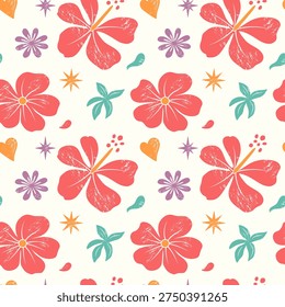 Tropical seamless pattern with red exotic flowers. Summertime floral background with soft texture