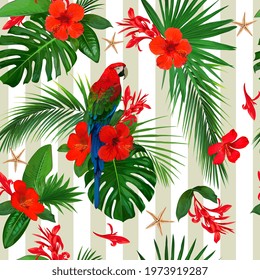 Tropical seamless pattern with red flowers and parrot macaw