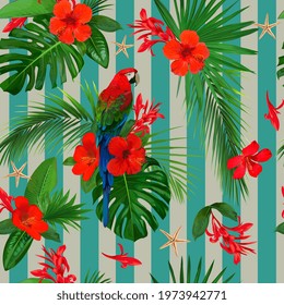 Tropical seamless pattern with red flowers and parrot macaw
