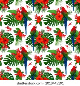 Tropical seamless pattern with red flowers and parrot macaw for wallpaper design