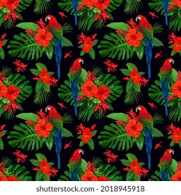 Tropical seamless pattern with red flowers and parrot macaw for wallpaper design