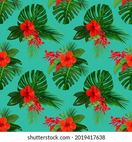 Tropical seamless pattern with red flowers of hibiscuses for wallpaper design