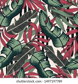 Tropical seamless pattern with red and green leaves on white background. Textiles, fabric, printing. Vector floral seamless pattern. Exotic plants. Beautiful pattern. Summer print.