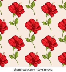 Tropical seamless pattern with red hibiscus flowers. Hand drawn vintage vector background.