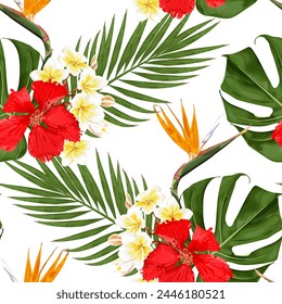 Tropical seamless pattern with red hibiscus flowers, plumeria, strelitzia, exotic monstera and palm leaves. Stock vector illustration on a white background.