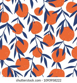 Tropical seamless pattern with red oranges. Fruit repeated background. Vector bright print for fabric or wallpaper.