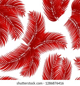 Tropical seamless pattern with red palm leafs, on white background. Vector eps 10.