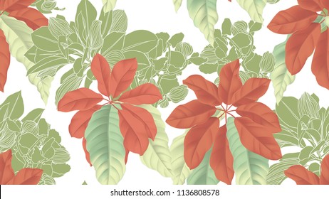 Tropical seamless pattern,  red umbrella tree and green leaves on white background, pastel vintage style