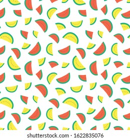 Tropical seamless pattern with red and yellow watermelon. Fruit repeated background. Vector bright print for fabric or wallpaper.