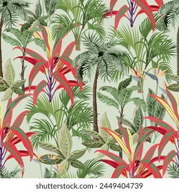 Tropical seamless pattern. Repeating vector elements, palm trees, green and red leaves.