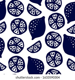 Tropical seamless pattern set with blue citrus lemons and leaves. Fruit repeated background. Vector bright print for fabric or wallpaper. White background. Hand drawn shapes.