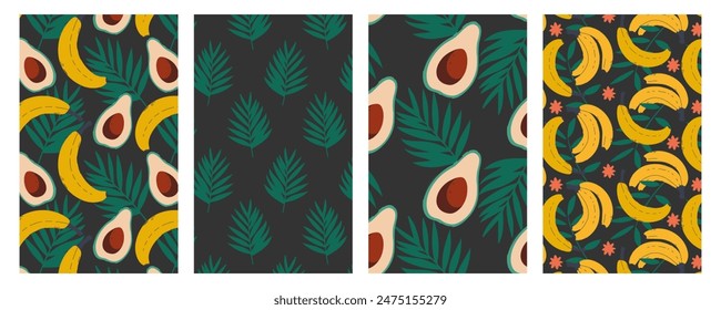 Nahtloser tropischer Mustersatz. Helle abstrakte Dschungelblätter, Bananen und Avocado auf dunklem Hintergrund. Sommer Vektorgrafik Design für Druck, Dekoration, Stoff, Karte, Poster.