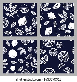 Tropical seamless pattern set with citrus fruits oranges and lemons and leaves. Fruit repeated background. Vector bright print for fabric or wallpaper. White shapes on blue background