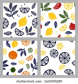 Tropical seamless pattern set with yellow citrus fruits oranges and lemons and leaves. Fruit repeated background. Vector bright print for fabric or wallpaper. White background. Hand drawn shapes.