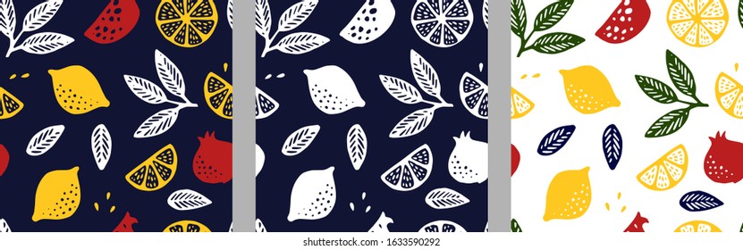Tropical seamless pattern set with yellow citrus fruits oranges and lemons and leaves. Fruit repeated background. Vector bright print for fabric or wallpaper.