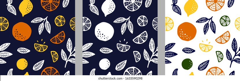 Tropical seamless pattern set with yellow citrus fruits oranges and lemons and leaves. Fruit repeated background. Vector bright print for fabric or wallpaper.