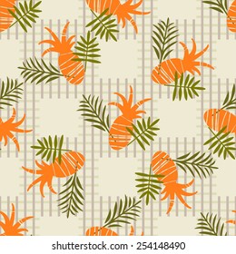 Tropical seamless pattern with silhouettes fruits pineapples, leaves on repeating striped background. Natural print texture. Cloth design. Wallpaper, wrapping