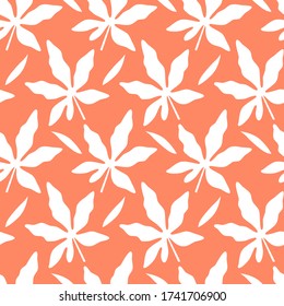 Tropisches nahtloses Muster mit Silhouetten aus Blättern auf orangefarbenem Hintergrund. Vector Illustration des Sommers. Exotische Tapete. Für Web-Design, Banner, Scrapbooking, Druck auf Stoff, Packpapier.