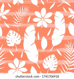 Patrón tropical sin costuras con siluetas de hojas y líneas dibujadas a mano. Ilustración vectorial del verano. Papel de pared exótico sobre fondo naranja. Para diseño web, banners, impresión en tela, envoltura.