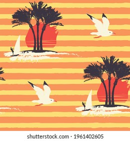 Tropical seamless pattern with silhouettes of palm trees, windsurfers and seagulls on a hot yellow striped backdrop. Repeating vector background in retro style on the theme of sea summer holidays
