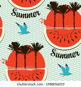 Tropical seamless pattern with silhouettes of palm trees, big red sun and watermelon slices on a light backdrop with waves. Summer vector background, Wallpaper, wrapping paper, fabric design