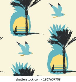 Tropical Seamless pattern with silhouettes of pineapples, palm trees and surfers at sunset or sunrise on a light backdrop. Vector repeatable background on the theme of sea summer travel.