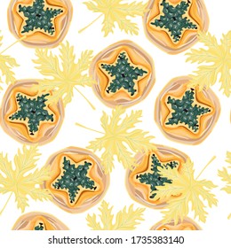 Patrón tropical sin fisuras con rodaja de papaya y hojas. Papel pintado de papel pintado. Diseño para envolver papel, papel textil, tela superficial. Ilustración del vector