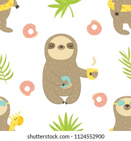 Tropical seamless pattern with sloth and cactus