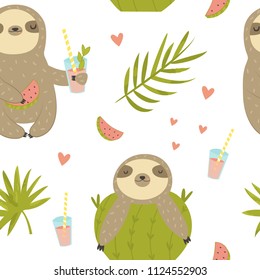 Tropical seamless pattern with sloth and cactus