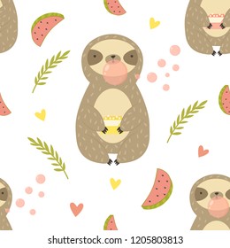 Tropical seamless pattern with sloth chewing bubble gum. Trendt style