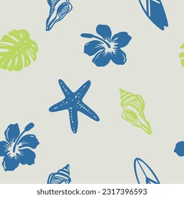 Tropical seamless pattern.Sea star, tropical flower, sea shell and surfboard drawing.Vector illustration design for fashion fabrics, textile graphics, print.