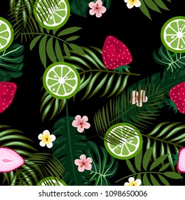 Tropical seamless pattern with strawberries, lemon, lime and tropical leaves. Bright fruit pattern with tropics. Background with fruits.