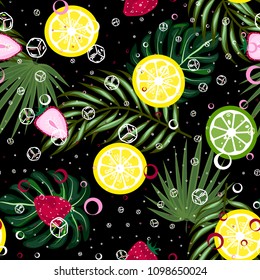 Tropical seamless pattern with strawberries, lemon, lime and tropical leaves. Bright fruit pattern with tropics. Background with fruits.