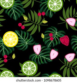 Tropical seamless pattern with strawberries, lemon, lime and tropical leaves. Bright fruit pattern with tropics. Background with fruits.