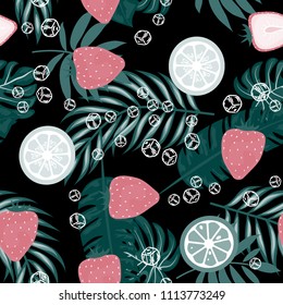 Tropical seamless pattern with strawberries, lemon, lime and tropical leaves. Bright fruit pattern with tropics. Background with fruits.
