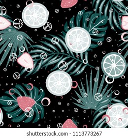 Tropical seamless pattern with strawberries, lemon, lime and tropical leaves. Bright fruit pattern with tropics. Background with fruits.