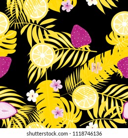Tropical seamless pattern with strawberries, lemon, lime and tropical leaves. Bright fruit pattern with tropics. Background with fruits.