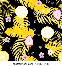 Tropical seamless pattern with strawberries, lemon, lime and tropical leaves. Bright fruit pattern with tropics. Background with fruits.