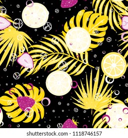 Tropical seamless pattern with strawberries, lemon, lime and tropical leaves. Bright fruit pattern with tropics. Background with fruits.