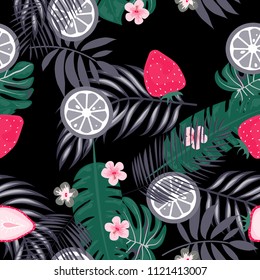 Tropical seamless pattern with strawberries, lemon, lime and tropical leaves. Bright fruit pattern with tropics. Background with fruits.