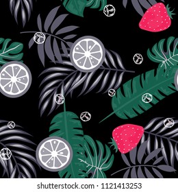 Tropical seamless pattern with strawberries, lemon, lime and tropical leaves. Bright fruit pattern with tropics. Background with fruits.