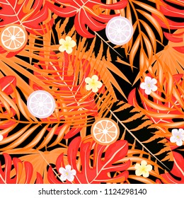 Tropical seamless pattern with strawberries, lemon, lime and tropical orange leaves. Bright fruit pattern with tropics. Background with fruits.