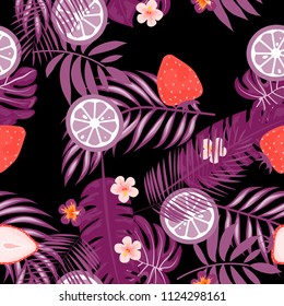 Tropical seamless pattern with strawberries, lemon, lime and tropical leaves. Bright fruit pattern with tropics. Background with fruits.
