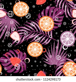 Tropical seamless pattern with strawberries, lemon, lime and tropical leaves. Bright fruit pattern with tropics. Background with fruits.
