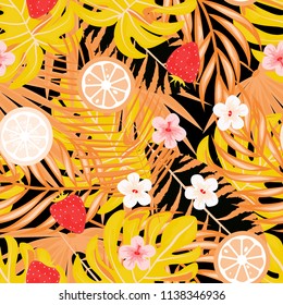 Tropical seamless pattern with strawberries, lemon, lime and tropical leaves. Bright fruit pattern with tropics. Background with fruits.